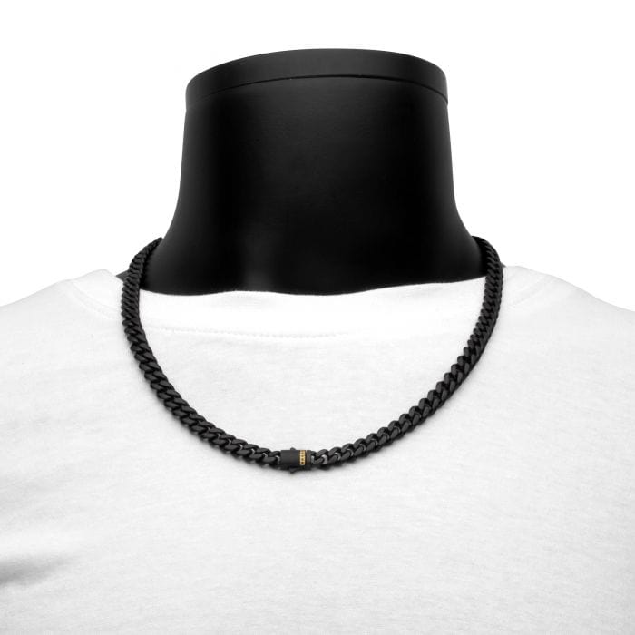 INOX JEWELRY Chains Black Stainless Steel Matte Finish with 18K Gold Plated Genuine Black Sapphire GemsTone Accent Miami Cuban Chain NK659K-824