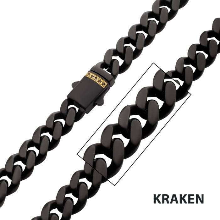 INOX JEWELRY Chains Black Stainless Steel Matte Finish with 18K Gold Plated Genuine Black Sapphire GemsTone Accent Miami Cuban Chain NK659K-824