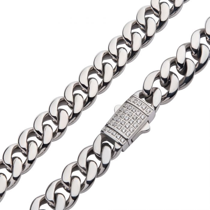 INOX JEWELRY Chains Silver Tone Stainless Steel 8mm Miami Cuban with CZ Double Tab Box Clasp Chain NSTC2108-24