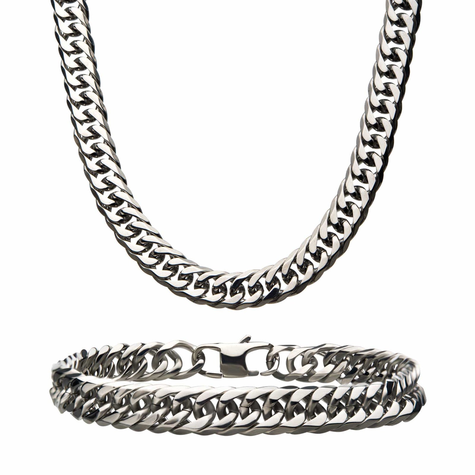 INOX JEWELRY Chains Silver Tone Stainless Steel Double Curb Chain and Bracelet Set NSTC0510-SET