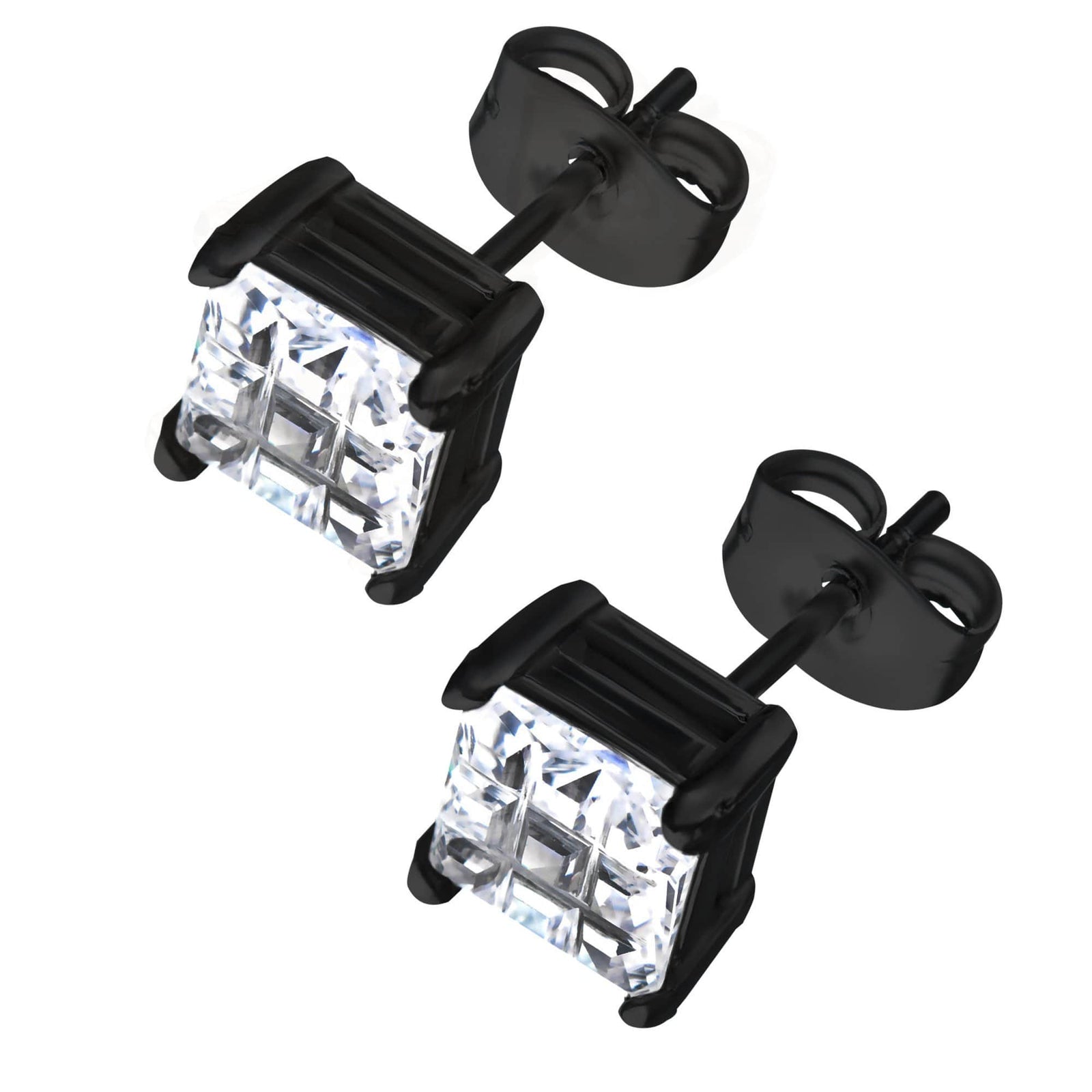 INOX JEWELRY Earrings Black Stainless Steel Grid Setting Square CZ Ear Studs