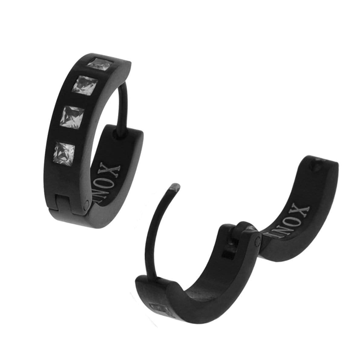 INOX JEWELRY Earrings Black Stainless Steel Single Row White Square Cut CZ Huggies SSE030K