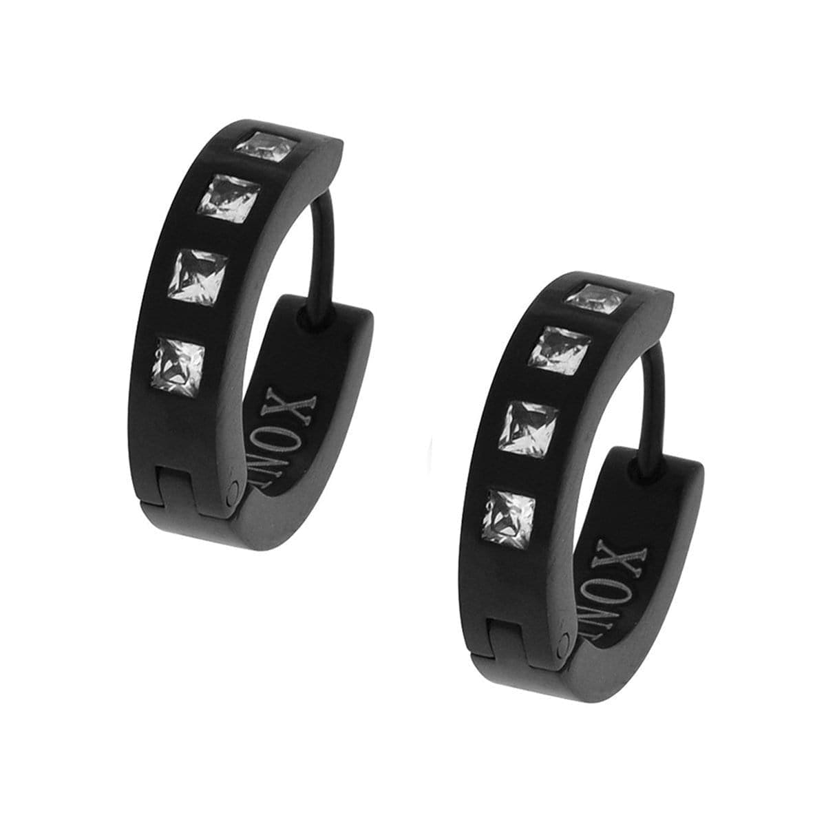 INOX JEWELRY Earrings Black Stainless Steel Single Row White Square Cut CZ Huggies SSE030K