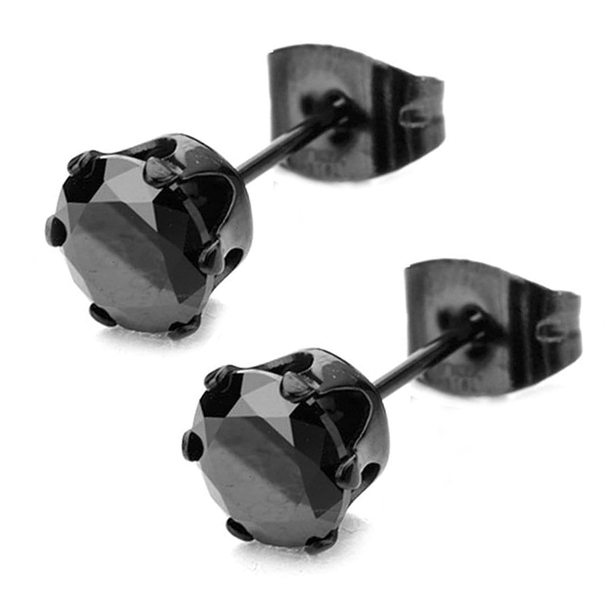 INOX JEWELRY Earrings Black Stainless Steel Six Prong Black CZ Solitaire Studs