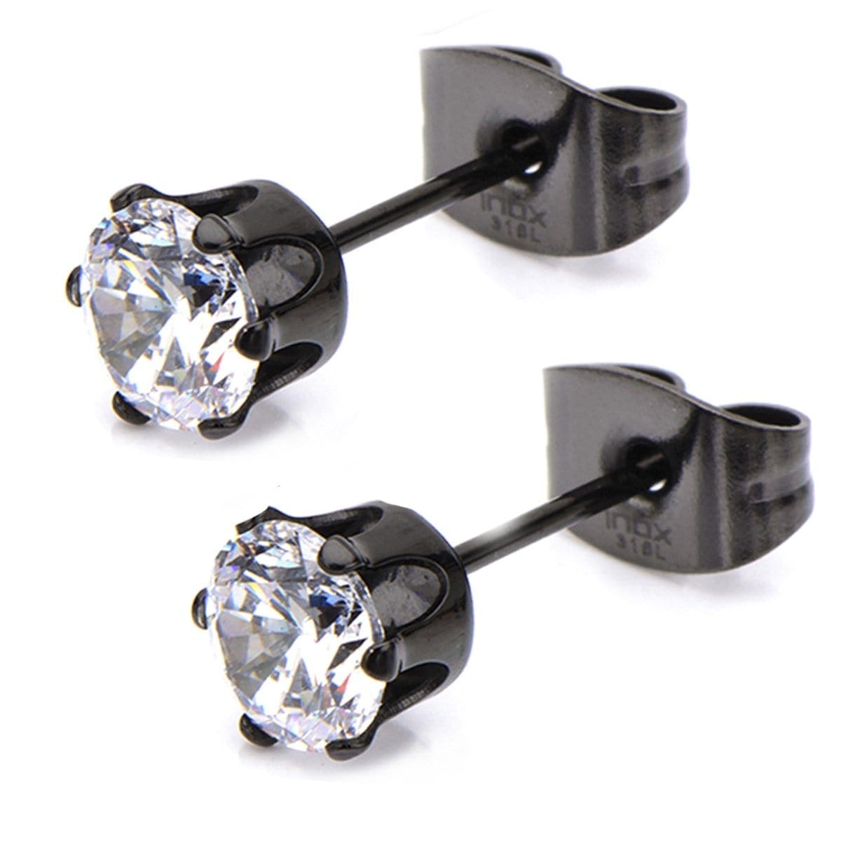 INOX JEWELRY Earrings Black Stainless Steel Six Prong CZ Solitaire Studs