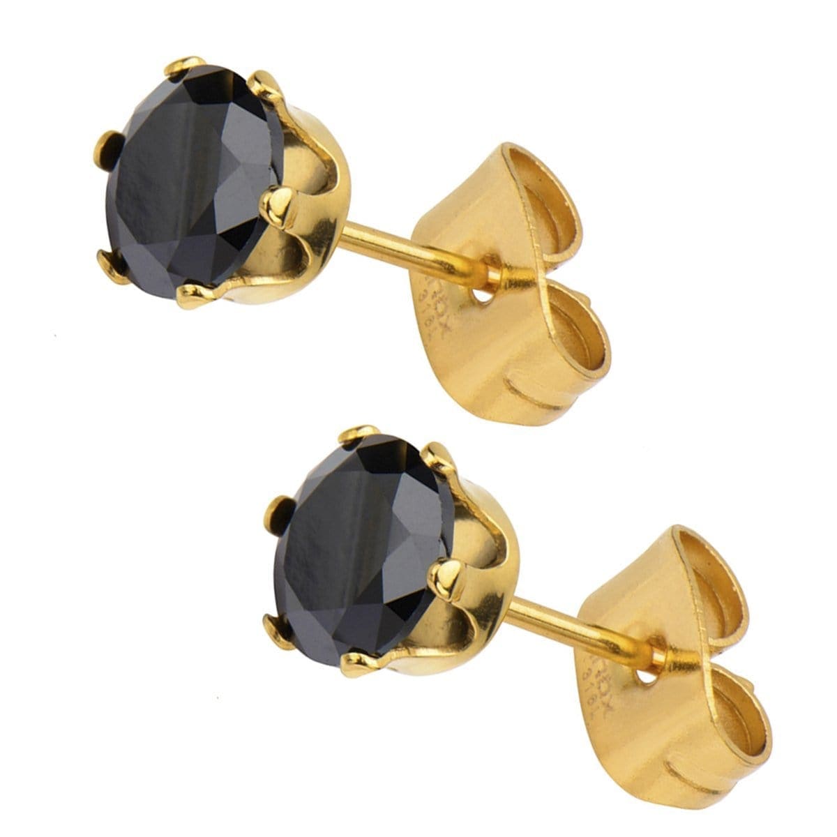 INOX JEWELRY Earrings Golden Tone Stainless Steel Six Prong Black CZ Solitaire Studs