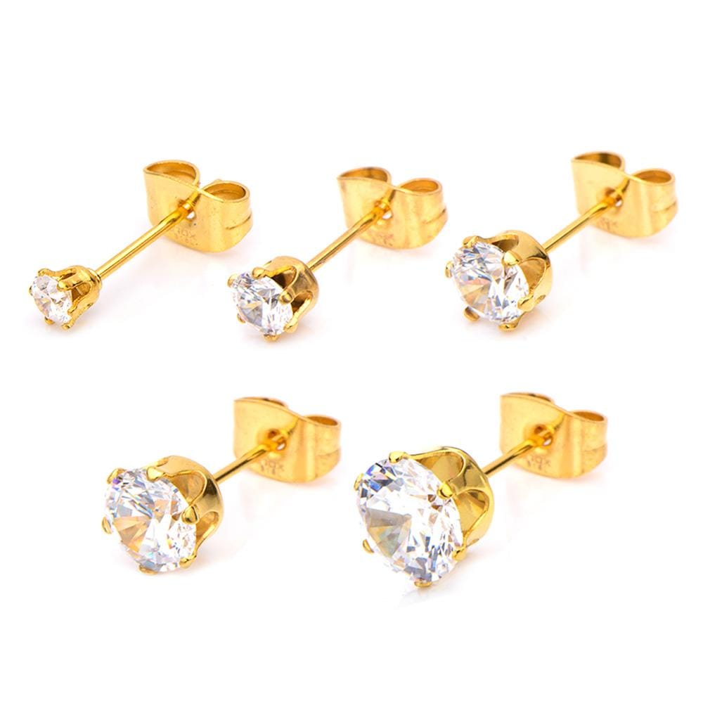 INOX JEWELRY Earrings Golden Tone Stainless Steel Six Prong CZ Solitaire Studs