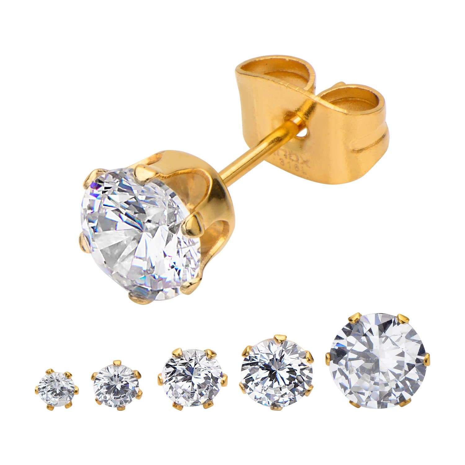 INOX JEWELRY Earrings Golden Tone Stainless Steel Six Prong CZ Solitaire Studs
