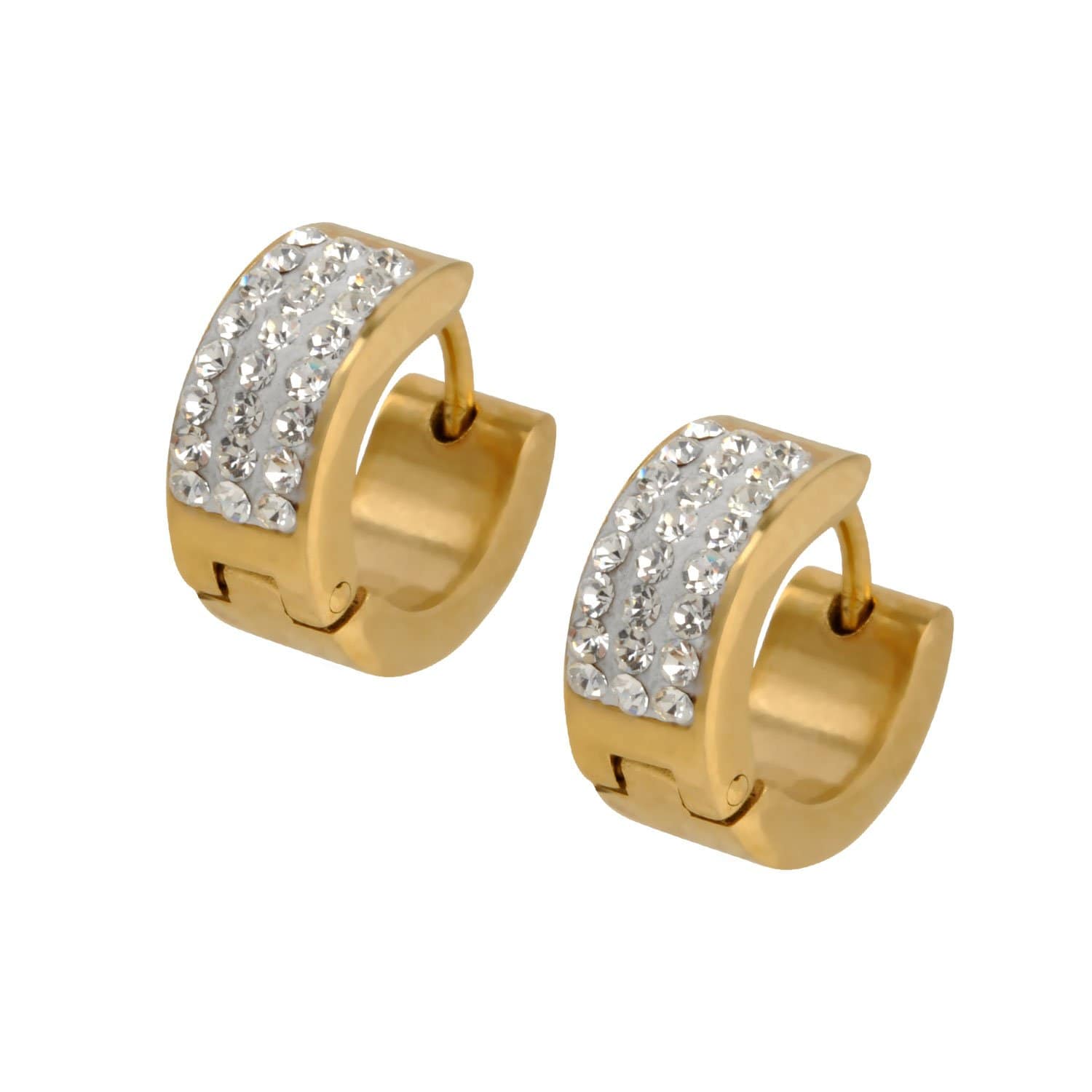 INOX JEWELRY Earrings Golden Tone Stainless Steel Triple Line CZ Huggies SSE5163
