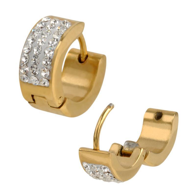 INOX JEWELRY Earrings Golden Tone Stainless Steel Triple Line CZ Huggies SSE5163