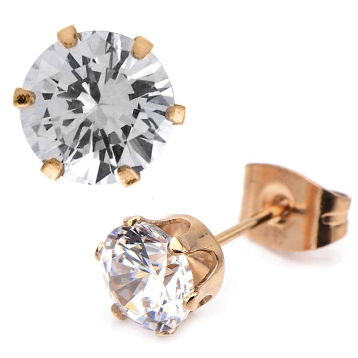 INOX JEWELRY Earrings Rose Tone Stainless Steel Six Prong CZ Solitaire Studs