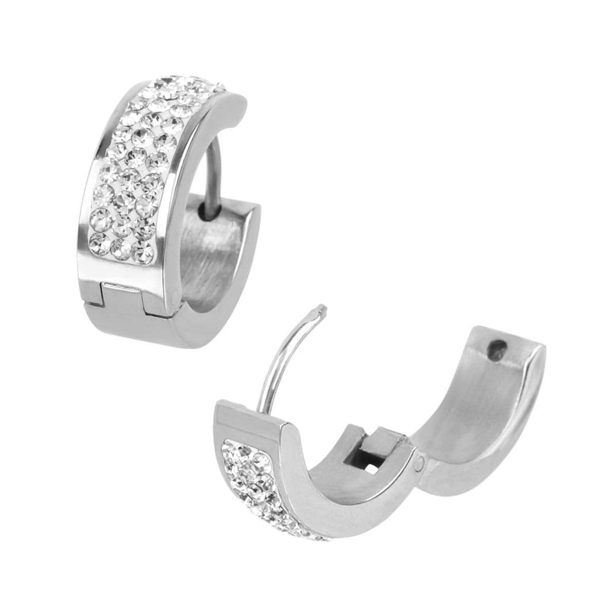 INOX JEWELRY Earrings Silver Tone Stainless Steel 17mm Triple Row White Crystal Huggies SSE5158