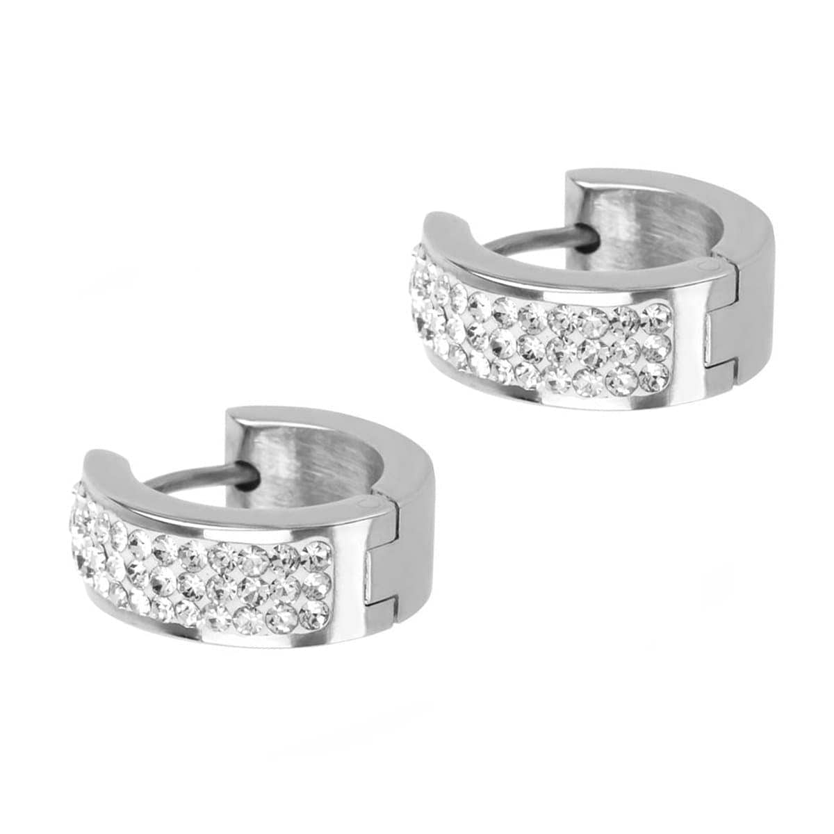 INOX JEWELRY Earrings Silver Tone Stainless Steel 17mm Triple Row White Crystal Huggies SSE5158