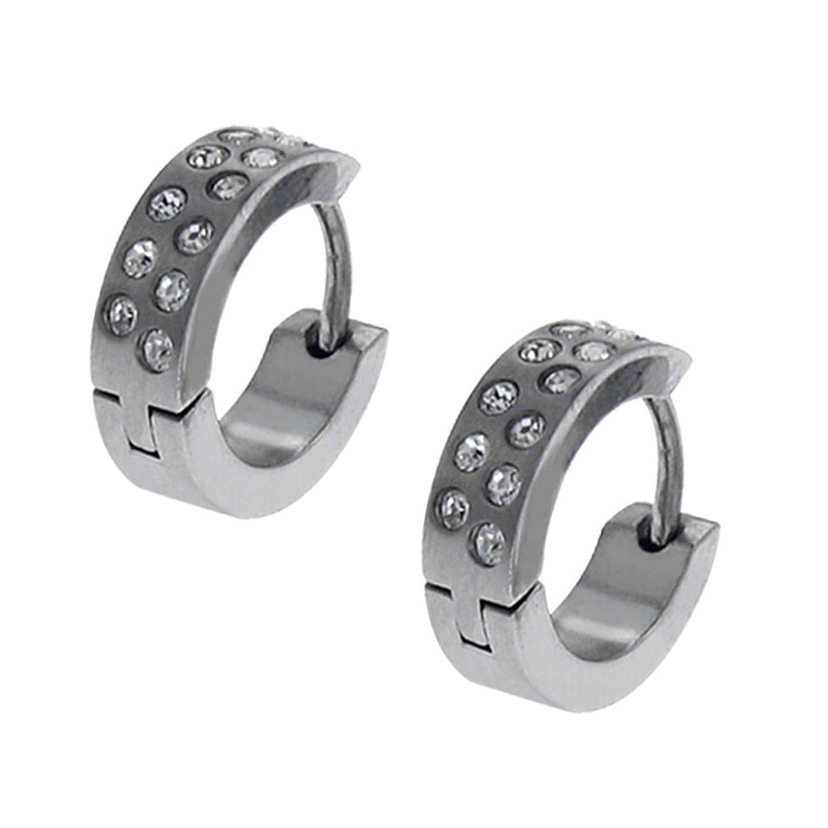 INOX JEWELRY Earrings Silver Tone Stainless Steel Double Row White Round CZ Huggies SSE008