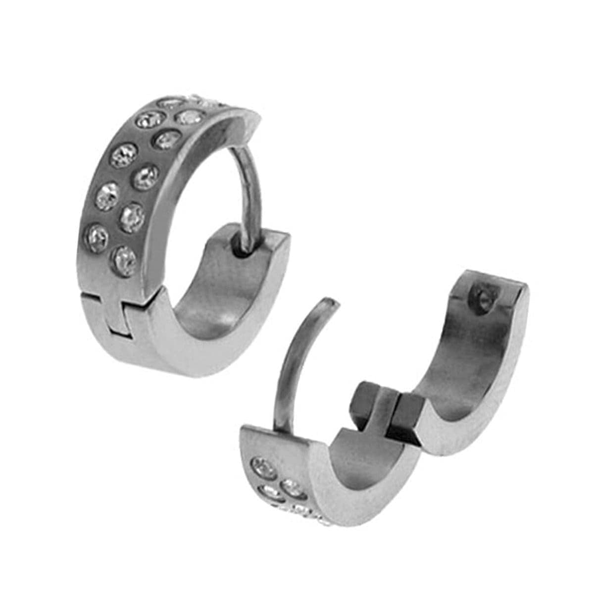 INOX JEWELRY Earrings Silver Tone Stainless Steel Double Row White Round CZ Huggies SSE008