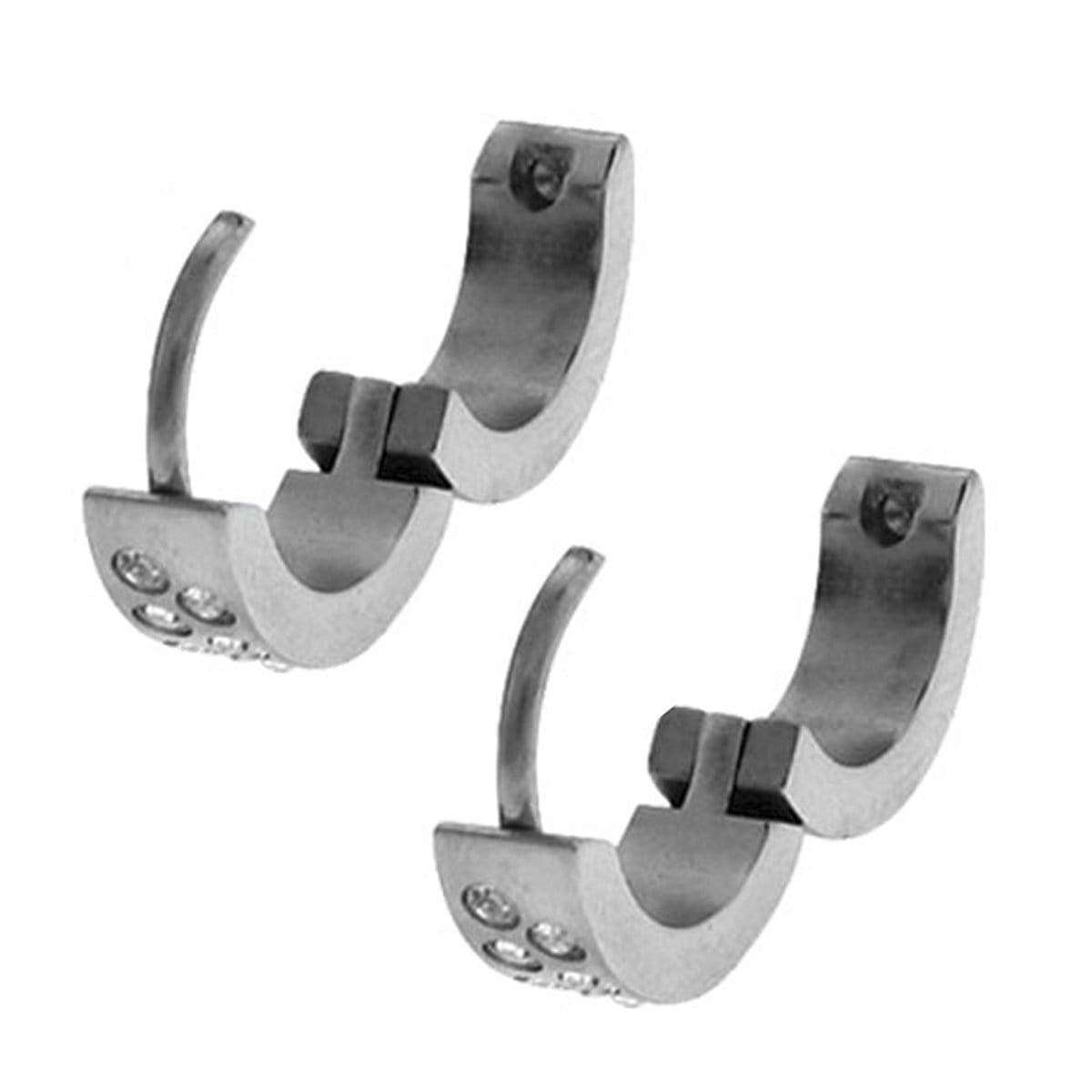 INOX JEWELRY Earrings Silver Tone Stainless Steel Double Row White Round CZ Huggies SSE008