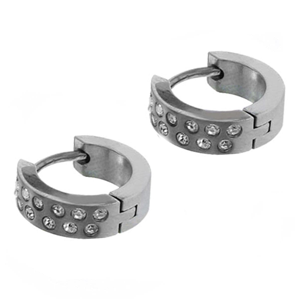 INOX JEWELRY Earrings Silver Tone Stainless Steel Double Row White Round CZ Huggies SSE008