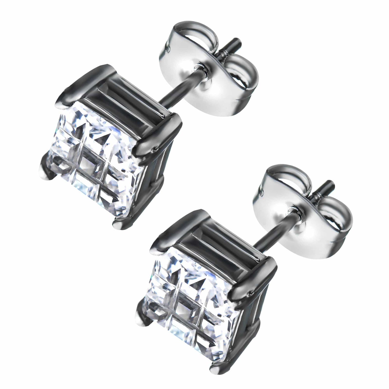 INOX JEWELRY Earrings Silver Tone Stainless Steel Grid Setting Square CZ Ear Studs