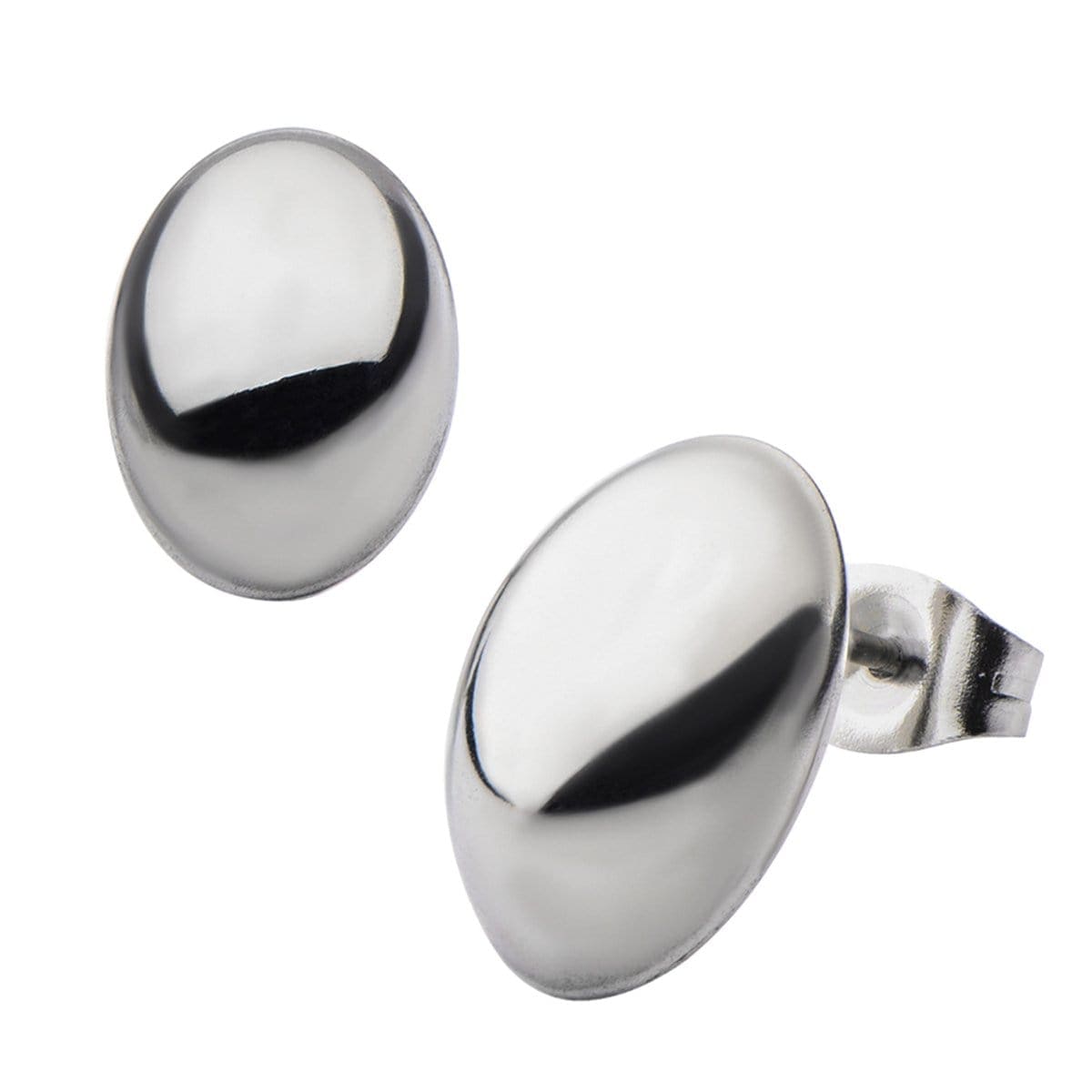 INOX JEWELRY Earrings Silver Tone Stainless Steel Medium Oval Dome Studs SSE4810