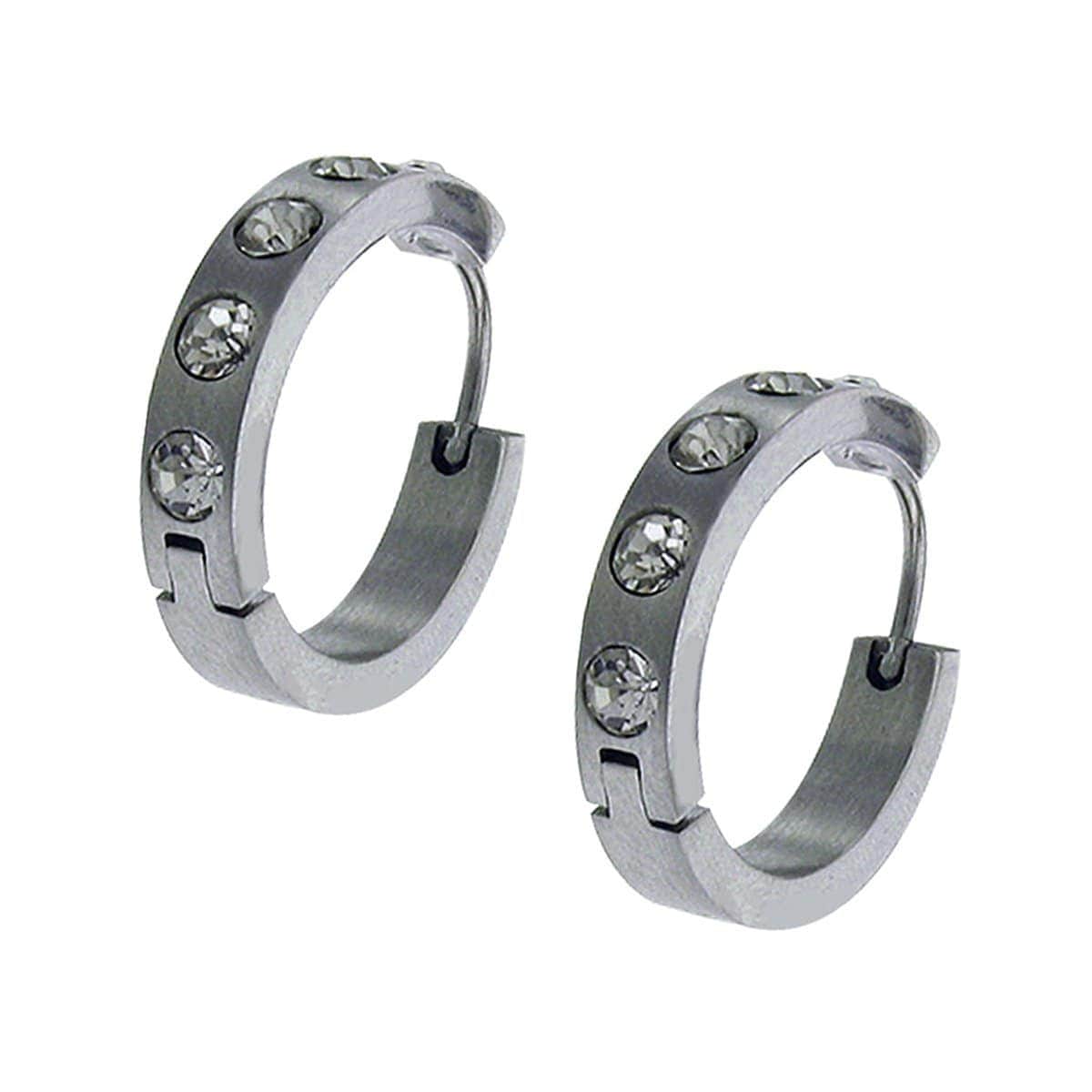 INOX JEWELRY Earrings Silver Tone Stainless Steel Single Row Five Cubic Zirconia Design Huggies SSE016