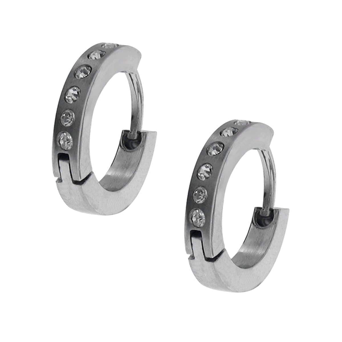 INOX JEWELRY Earrings Silver Tone Stainless Steel Single Row Small CZ Huggies SSE007