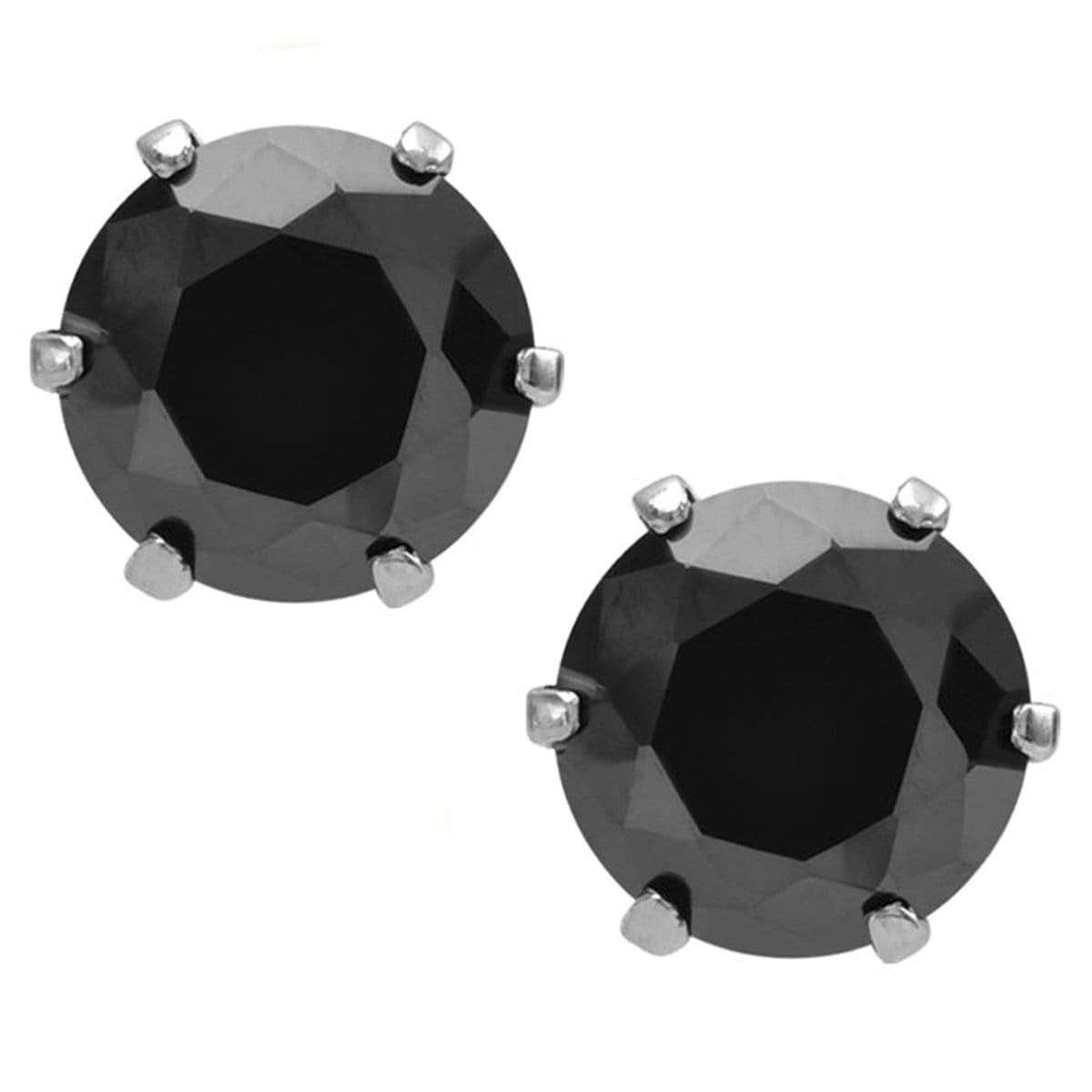 INOX JEWELRY Earrings Silver Tone Stainless Steel Six Prong Black CZ Solitaire Studs