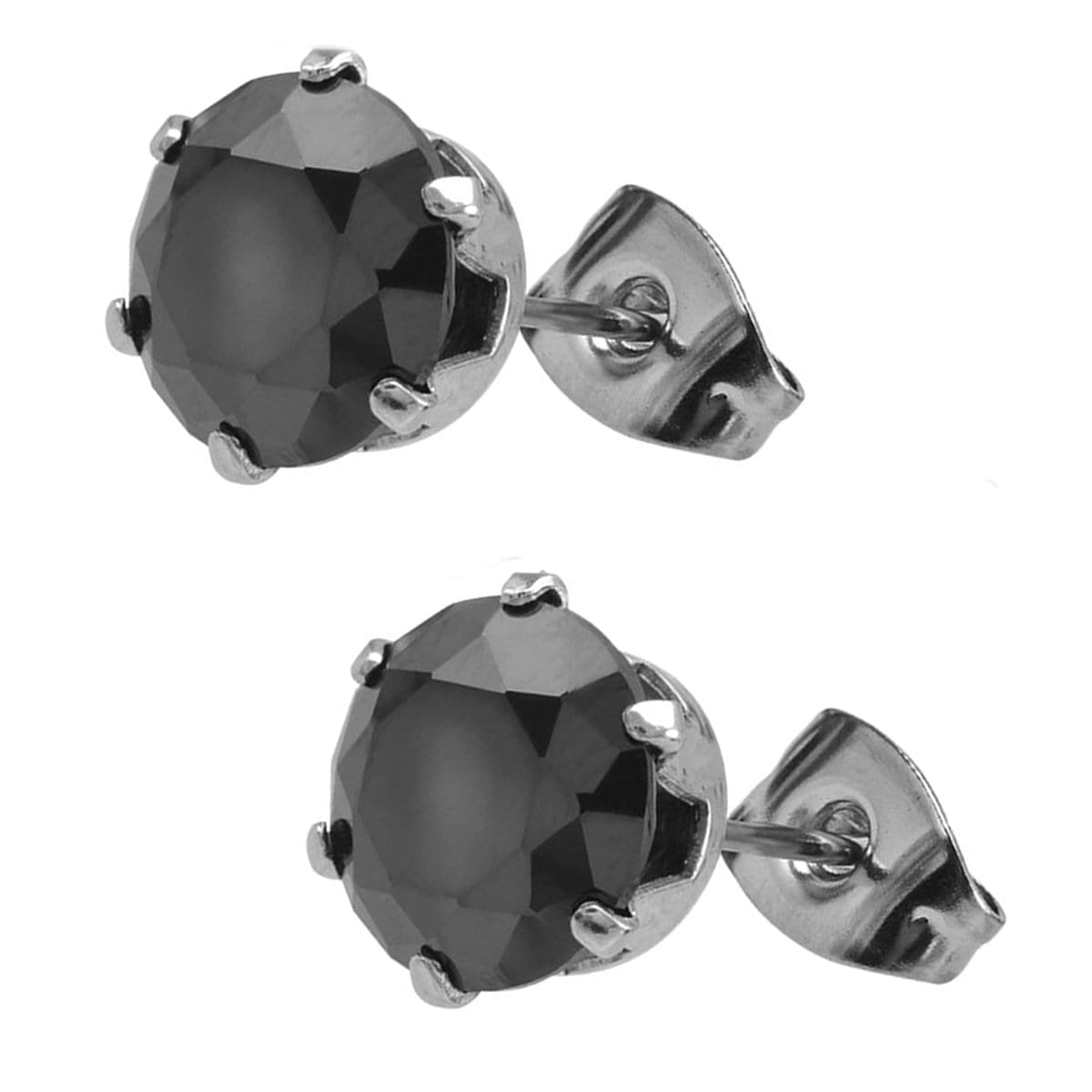 INOX JEWELRY Earrings Silver Tone Stainless Steel Six Prong Black CZ Solitaire Studs