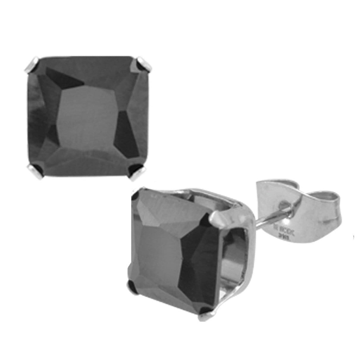 INOX JEWELRY Earrings Silver Tone Stainless Steel Square Cut Black CZ Studs