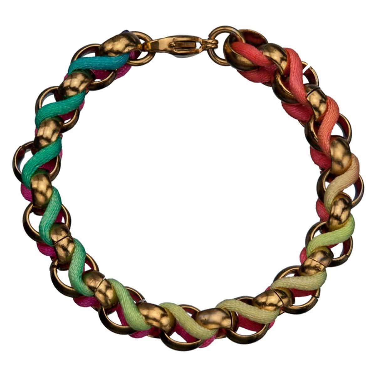 INOX JEWELRY Ladies Bracelets Gold Stainless Steel with Multicolor Woven Fabric Bracelet BR1186GLD