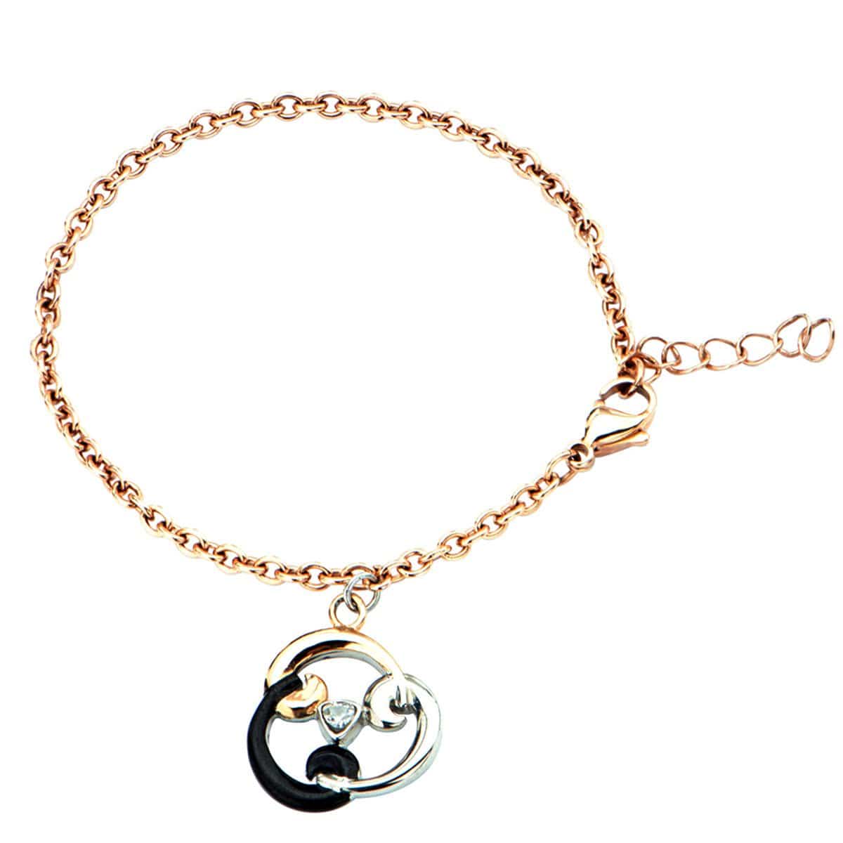 INOX JEWELRY Ladies Bracelets Rose Gold, Silver, & Black Stainless Steel Trinity Charm Bracelet BR12497