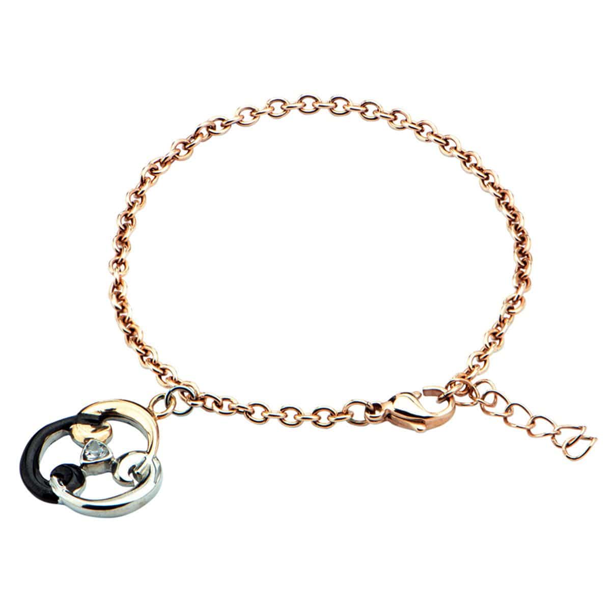 INOX JEWELRY Ladies Bracelets Rose Gold, Silver, & Black Stainless Steel Trinity Charm Bracelet BR12497