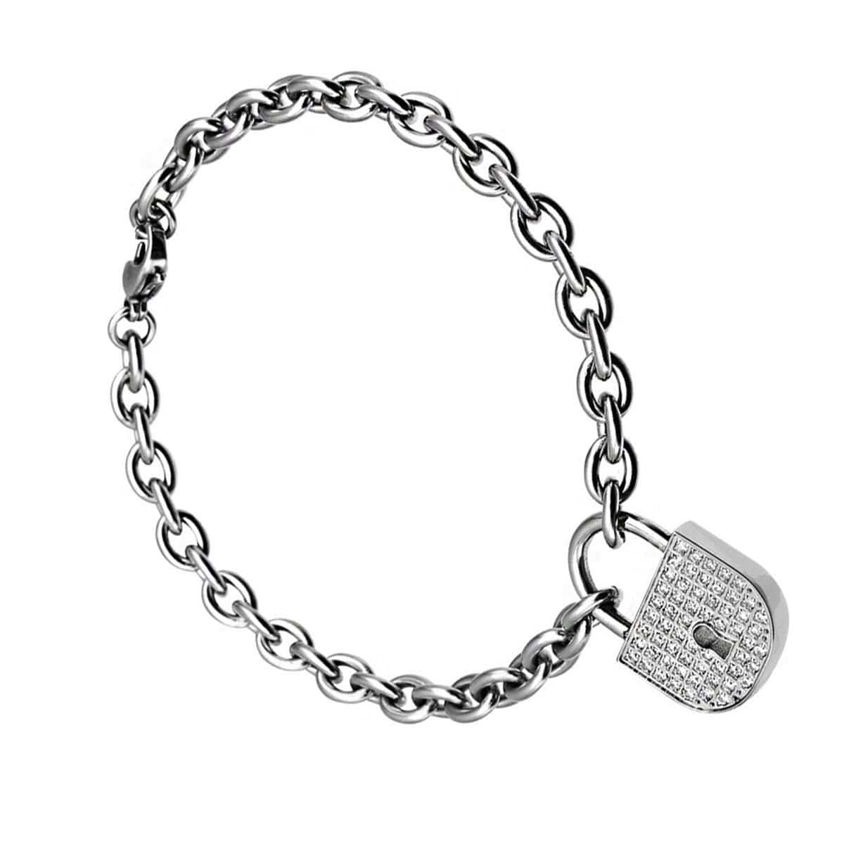 INOX JEWELRY Ladies Bracelets Silver Stainless Steel Studded CZ Lock Charm Bracelet BR7481