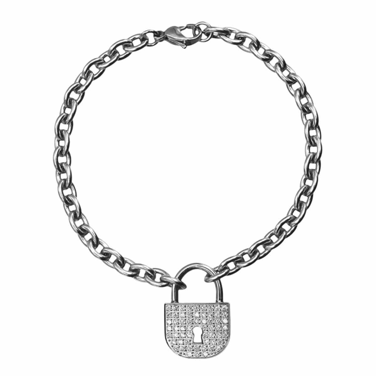 INOX JEWELRY Ladies Bracelets Silver Stainless Steel Studded CZ Lock Charm Bracelet BR7481