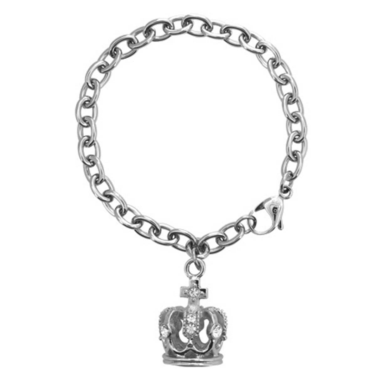 INOX JEWELRY Ladies Bracelets Silver Stainless Steel with Studded Crystal Crown Charm Bracelet BR4248