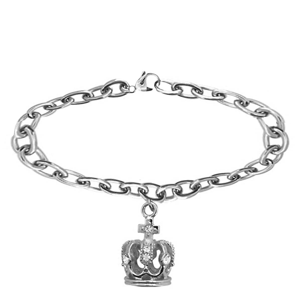 INOX JEWELRY Ladies Bracelets Silver Stainless Steel with Studded Crystal Crown Charm Bracelet BR4248