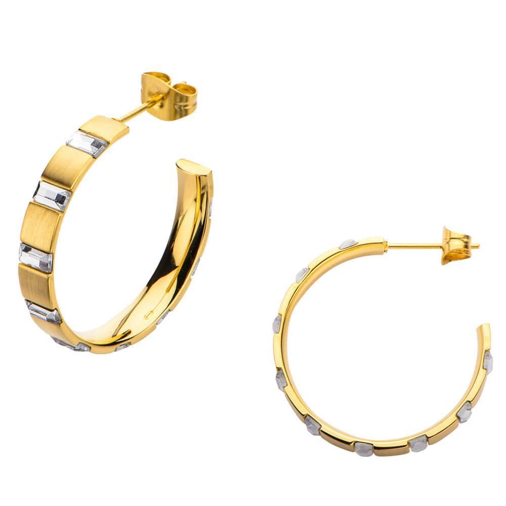 INOX JEWELRY Ladies Earrings Golden Tone Stainless Steel Alternating Rectangle Crystal Hoops SSE1430G