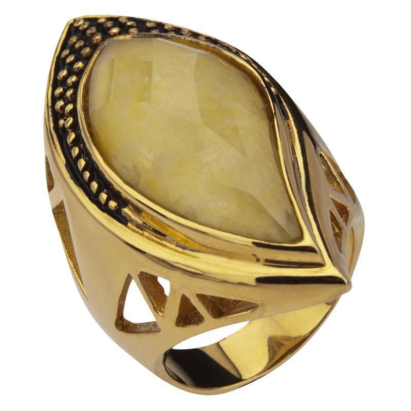 INOX JEWELRY Ladies Rings Golden Tone Stainless Steel Large Tear Drop Yellow Jade Crystal Ring