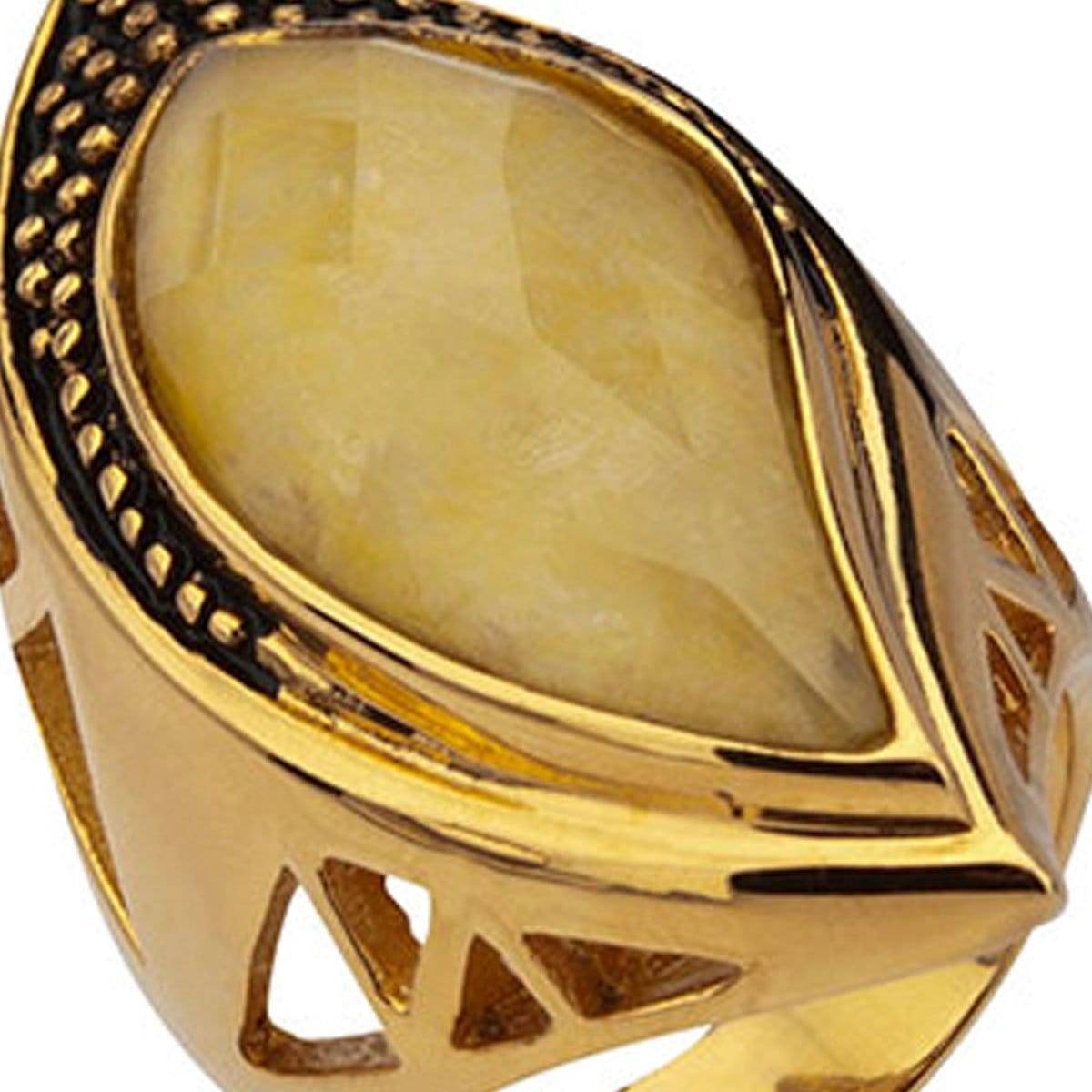 INOX JEWELRY Ladies Rings Golden Tone Stainless Steel Large Tear Drop Yellow Jade Crystal Ring