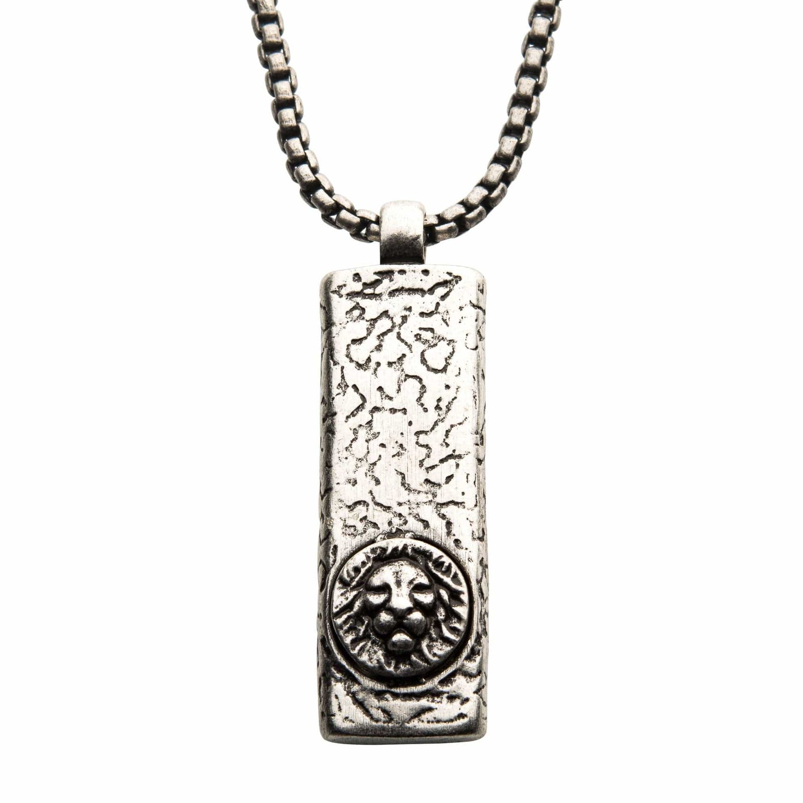 INOX JEWELRY Pendants Antiqued Silver Tone Stainless Steel Oxidize Finish Lion Head Inlaid Tag Pendant with Chain SSP13645ASNK