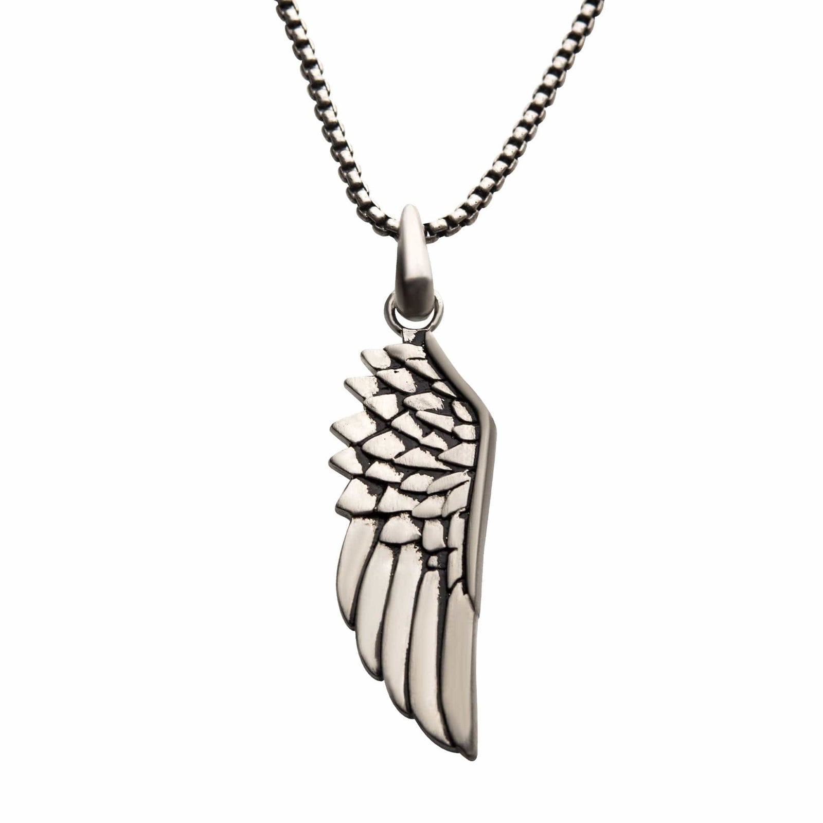 INOX JEWELRY Pendants Antiqued Silver Tone Stainless Steel Oxidized Finish Wing Pendant with Chain SSP22342NK