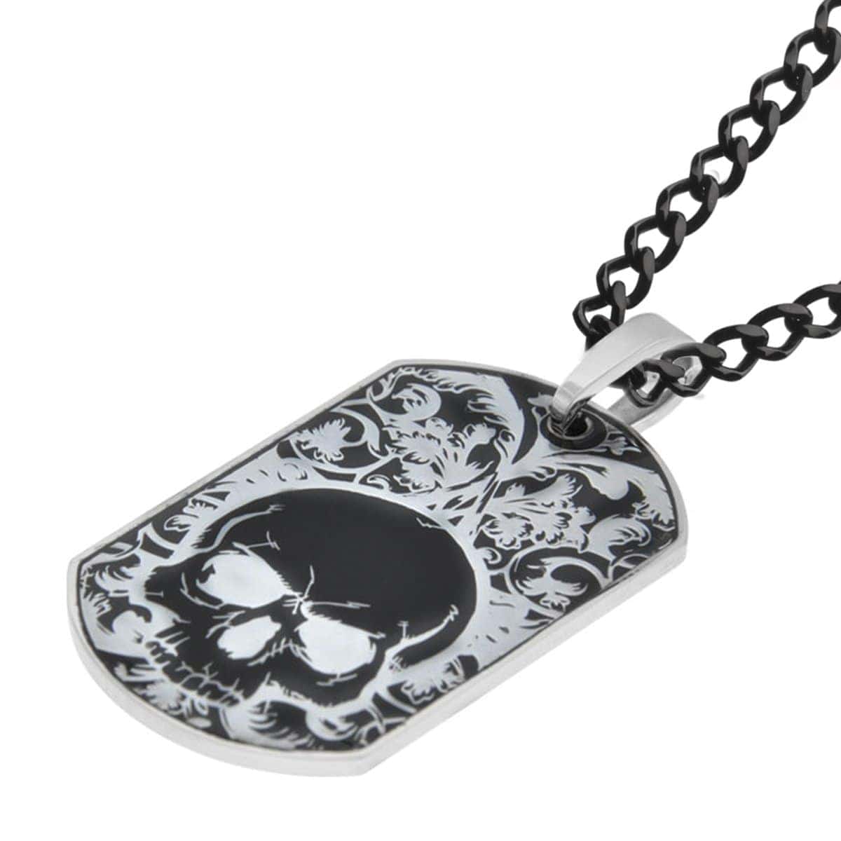 INOX JEWELRY Pendants Stainless Steel Black IP with Skull Design Dog Tag Pendant with Chain SSP7078