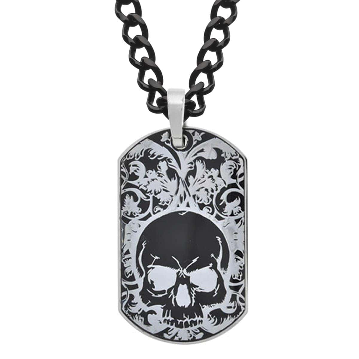 INOX JEWELRY Pendants Stainless Steel Black IP with Skull Design Dog Tag Pendant with Chain SSP7078