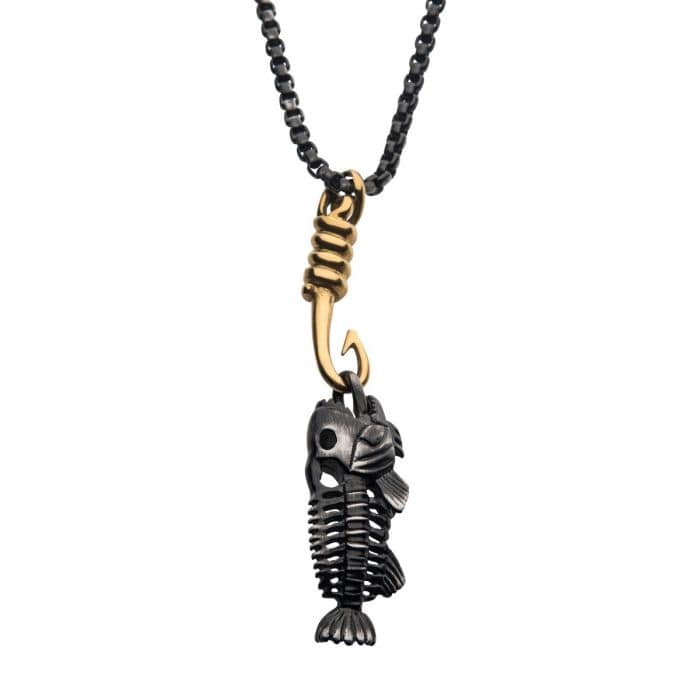 INOX JEWELRY Pendants Black Stainless Steel Fishbone Pendant on 18K Gold Plated Polished Hook with Box Chain SSPWT019GDNK