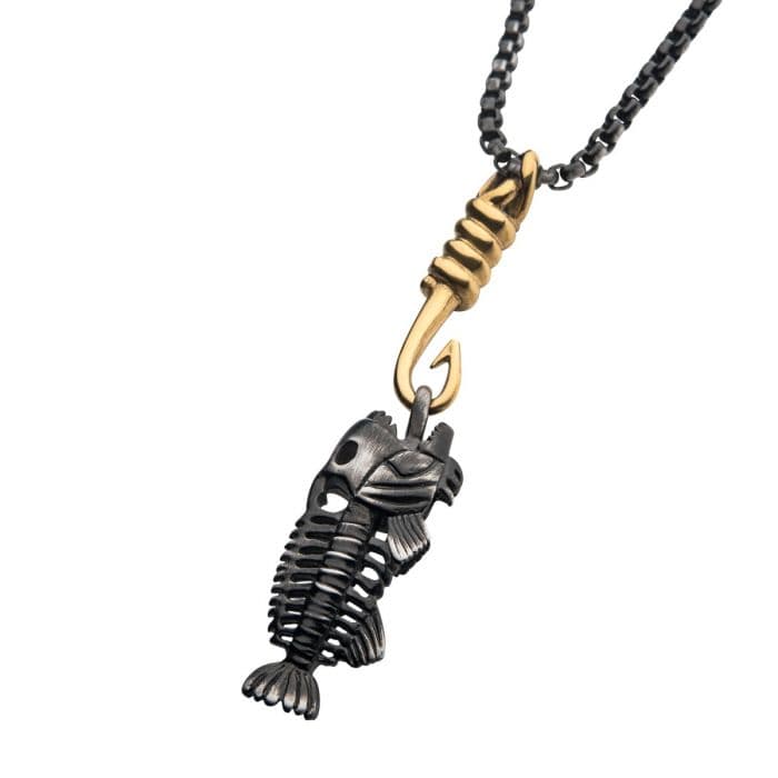 INOX JEWELRY Pendants Black Stainless Steel Fishbone Pendant on 18K Gold Plated Polished Hook with Box Chain SSPWT019GDNK