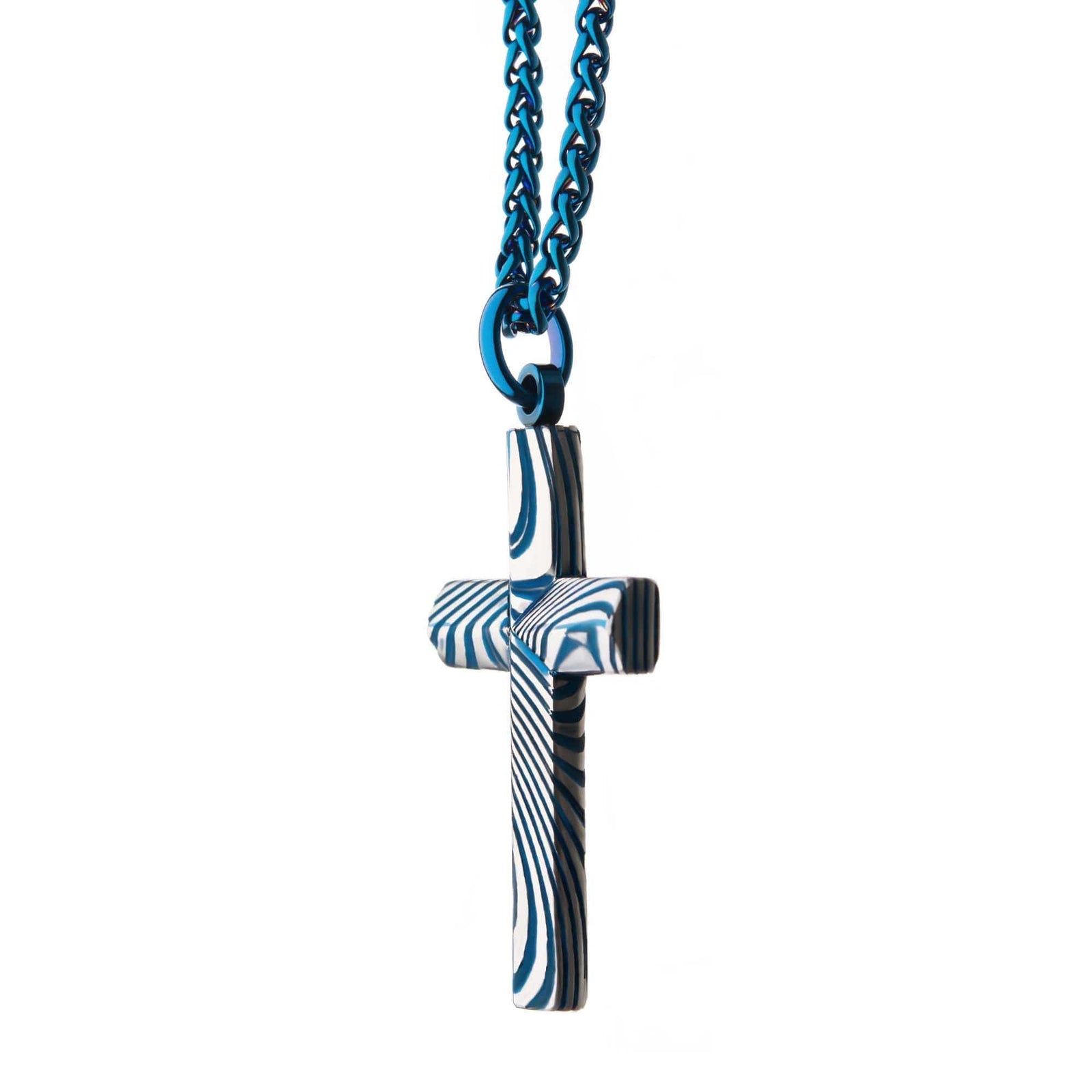 INOX JEWELRY Pendants Blue Damascus Steel Religious Cross Pendant with Blue Stainless Steel Chain SSPDMS0541BNK1
