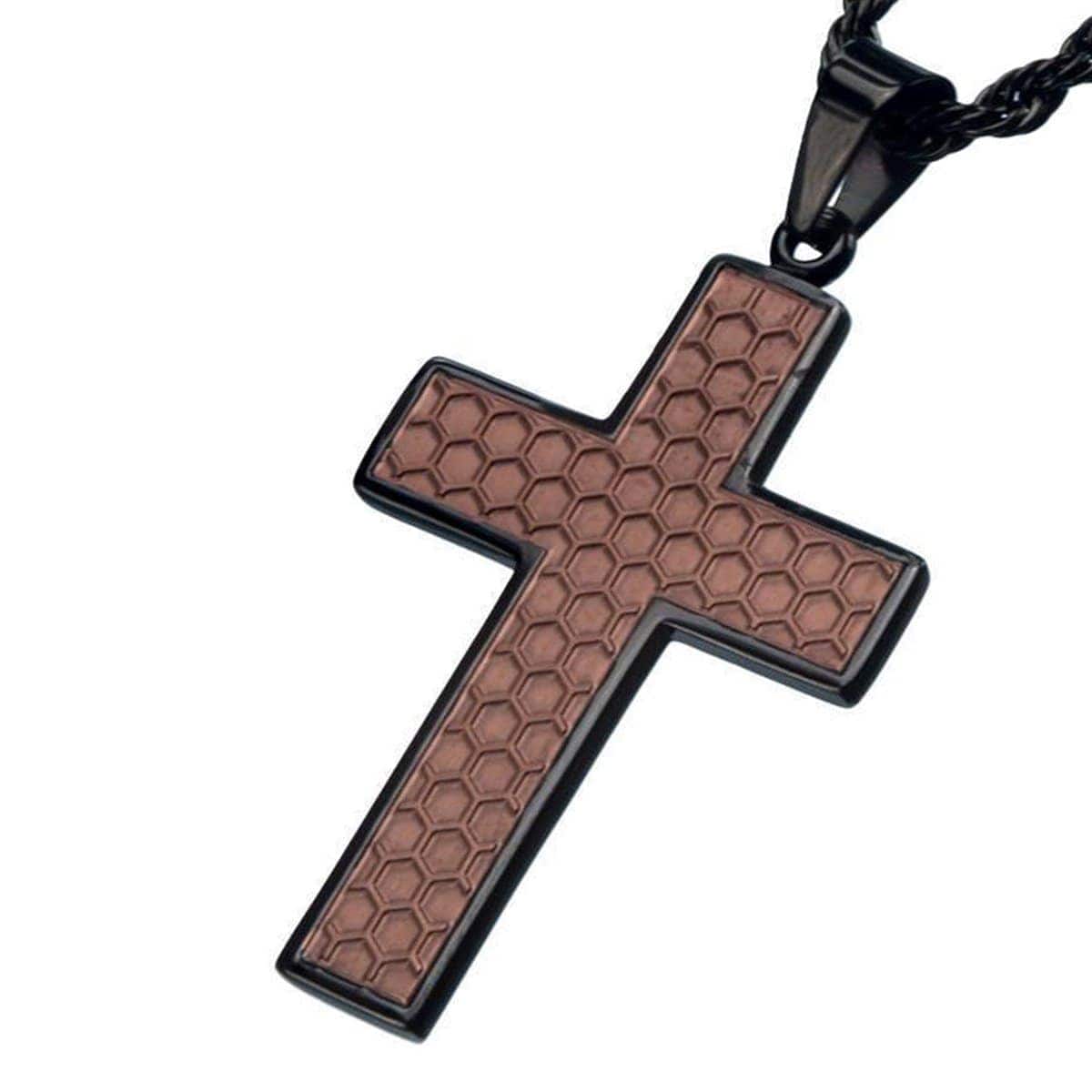 INOX JEWELRY Pendants Brown and Black Stainless Steel Honeycomb Cross Pendant SSP11266CR