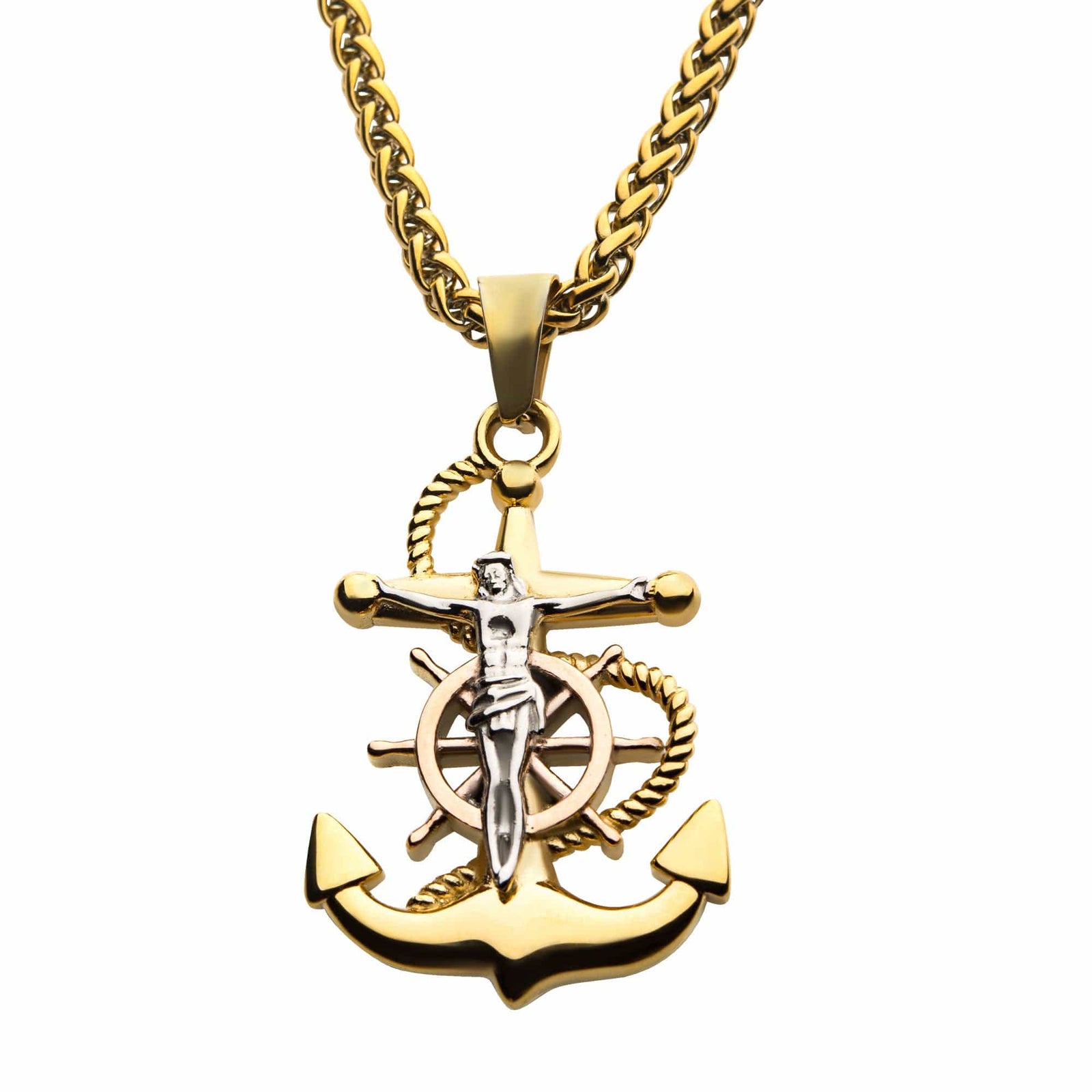 INOX JEWELRY Pendants Golden and Silver Tone Stainless Steel Anchor Design Religious Pendant with Chain SSP22506NK