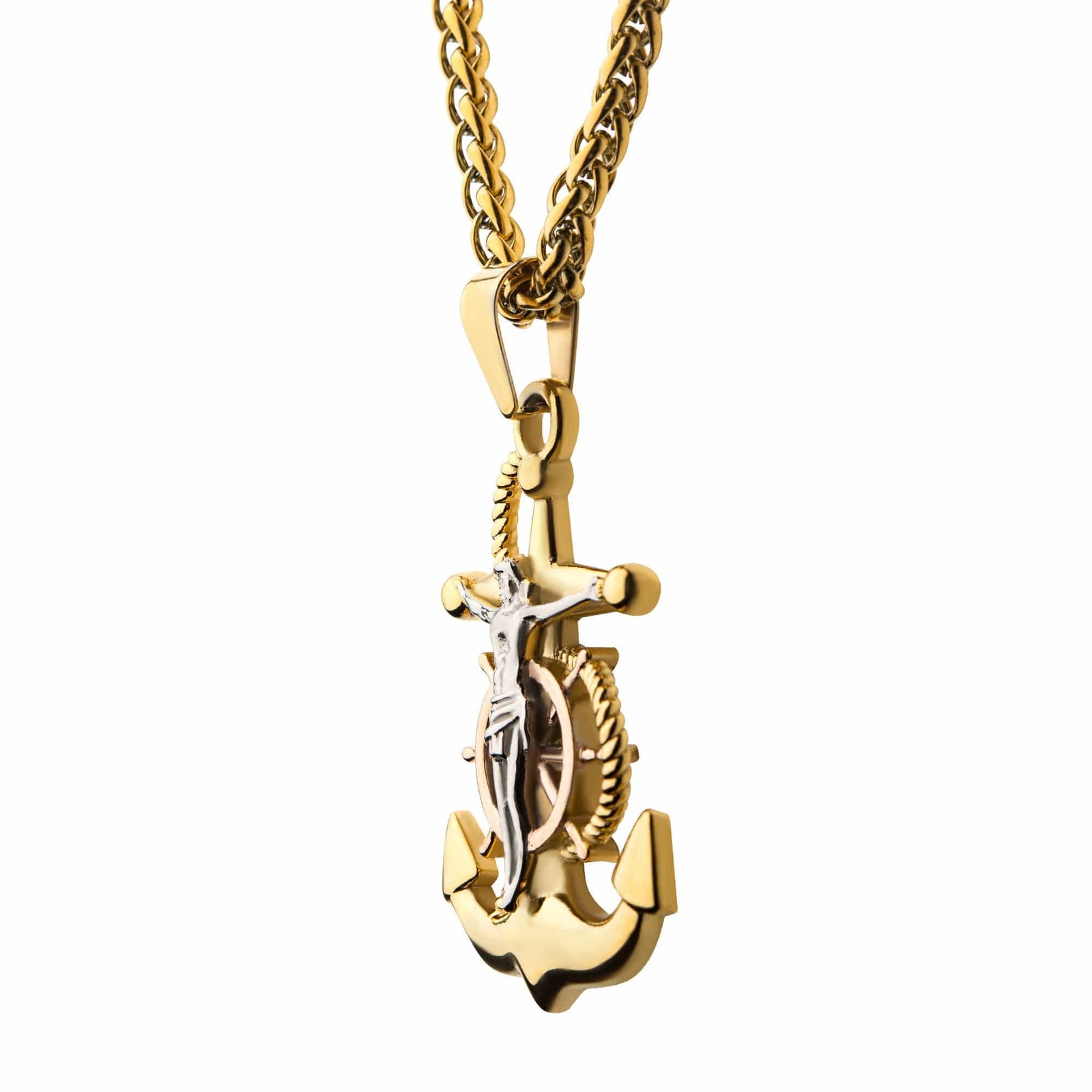INOX JEWELRY Pendants Golden and Silver Tone Stainless Steel Anchor Design Religious Pendant with Chain SSP22506NK
