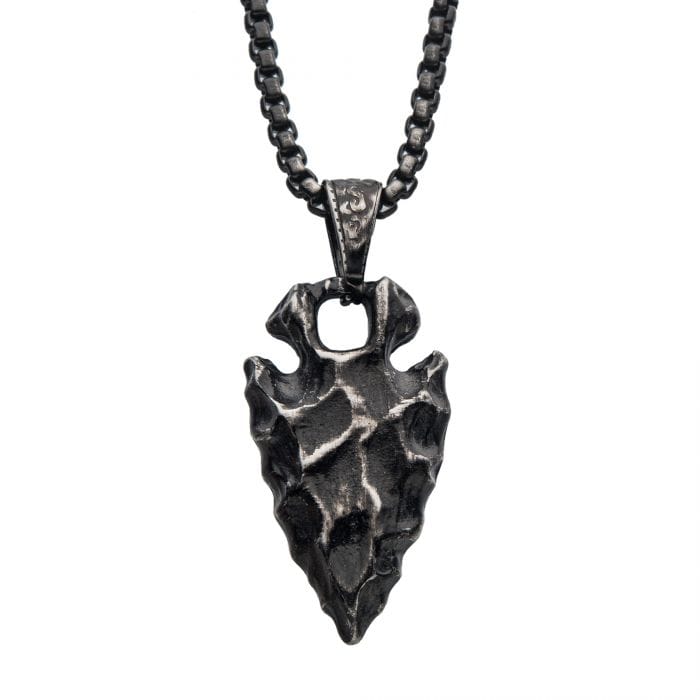 INOX JEWELRY Pendants Gunmetal Silver Tone Stainless Steel Chiseled Arrowhead Pendant with Box Chain SSPWT030GMNK