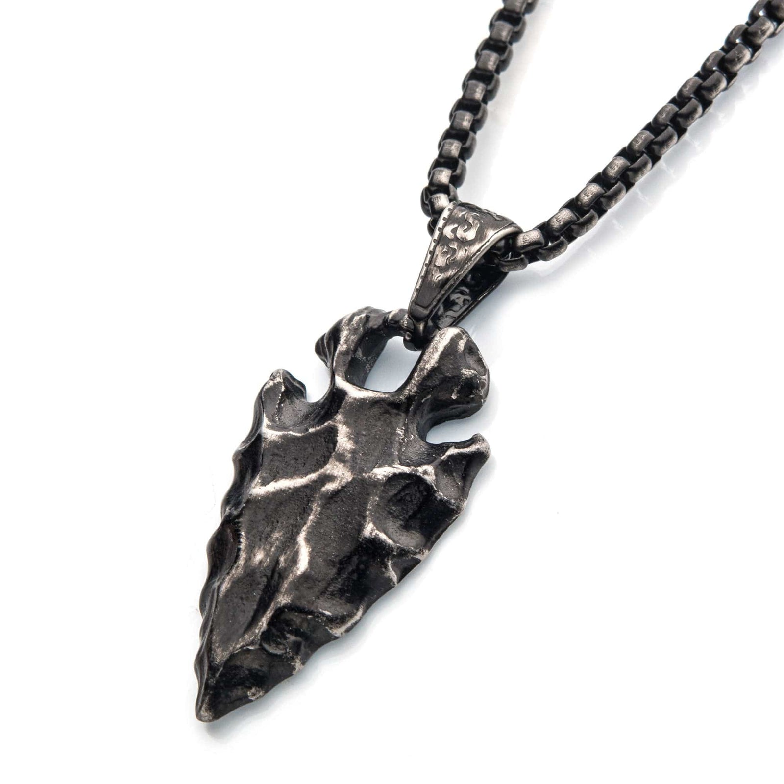 INOX JEWELRY Pendants Gunmetal Silver Tone Stainless Steel Chiseled Arrowhead Pendant with Box Chain SSPWT030GMNK